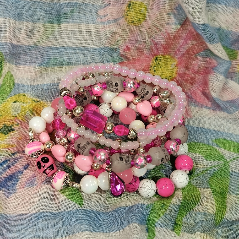 Handmade Hot Pink and Silver Beaded Bracelet Set